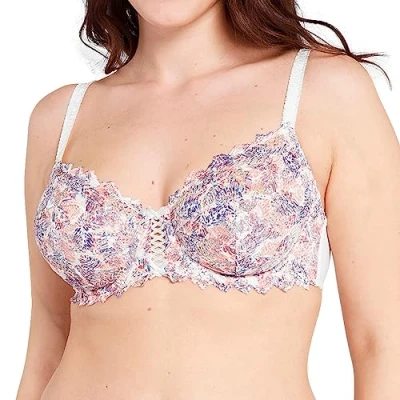 Image de Sans Complexe Soutien Gorge Emboitant avec Armatures, Modèle Arum Mosaïc, Dentelle Florale imprimé Multicolore, Jeux de laçages féminins à l&#039;entre Seins, Imprime Feuilles Graphiques, 90C
