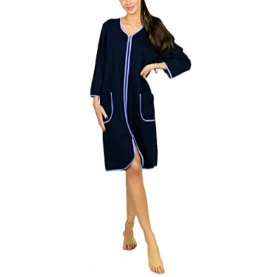 Image de Aquarti Peignoir de Bain Femme avec Fermeture éclair et Manches 3/4 Léger, Bleu Foncé, XXL