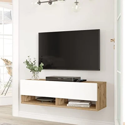 Image de [en.casa] Meuble TV à Porte de Rangement Design pour Salon avec 2 Espaces Stockage Panneau Particules Mélaminé 30 x 100 32 cm Effet Chêne Rustique Blanc