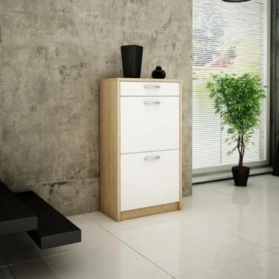 Image de Meuble à chaussures avec 1 tiroir et 2 abattants, étagère 3 compartiments, bords arrondis doux, largeur 50 cm, dessus en stratifié, rangement peu encombrant blanc sonoma