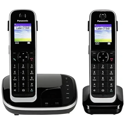 Image de Panasonic téléphone sans fil KX TGJ322GB Duo avec répondeur (version allemande!) noir incl. 1 zusätzliches extra combiné supplémentaire + Chargeur de table [Version Allemande]