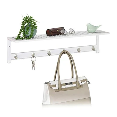 Image de Relaxdays Garde Robe Mural, Supports et 6 Crochets, campagnard, entrée Bain, HlP 18x75x16 cm, Porte Serviettes, Blanc, Bambou, métal, 1 élément