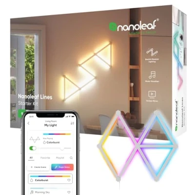 Image de Nanoleaf Lines 60 Degrés Kit de Démarrage, 9 Barres Lumineuses LED RGBW Connectées Appliques Murales Luminaires Intérieur Modulaires Wi Fi 16M Couleurs, Compatible Alexa, pour Salon Chambre Gaming