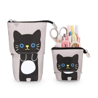 Image de Xespis Trousse Crayon Télescopique, Scolaire à Fermeture éclair, 2 en 1 Trouse sur Pied,Trousse Scolaire, Kawaii, pour Garçons Filles Etudiants et Fournitures de Bureau(Chat Noir)