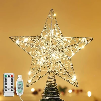 Image de Lewondr Etoile Sapin de Noel, Lampe Décorative LED en Forme d&#039;Étoile Perlée Alimenté par USB avec Télécommande et Fonction Minuterie, Décoration Noël pour Maison Salon Chambre Jardin, Argent