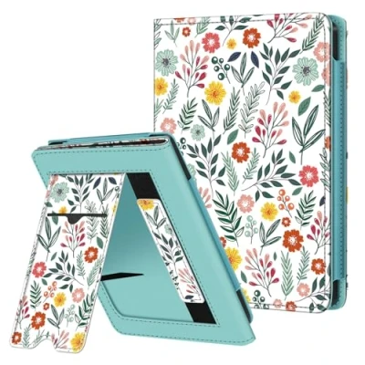 Image de FINTIE Étui Compatible avec 6 Kobo Clara Colour 2024 / BW 2E 2022 Coque Liseuse Housse Béquille et Fente pour Carte, Etui Dragonne, Fleur Printanière