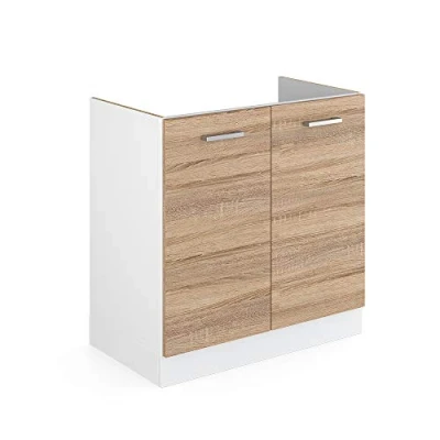 Image de Vicco Meuble Bas pour l&#039;évier R Line, Sonoma/Blanc, 80 cm avec Portes, sans Plan de Travail