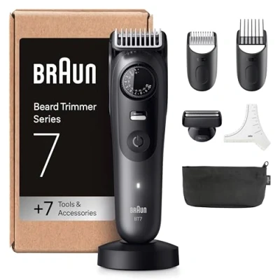 Image de Braun Tondeuse À Barbe Series 7, + 7 Outils De Barbier, Lame ProBlade Affûtée Et Inusable, Jusqu&#039;à 120 Min D&#039;autonomie, 40 Longueurs, Étanche, Molette Précision Verrouillage, BT7525, Gris