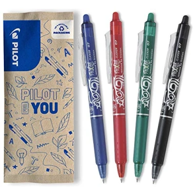 Image de PILOT Frixion Ball Clicker Stylo rétractable effaçable à encre thermosensible, roller rechargeable et ergonomique, Pointe moyenne, Noir, Bleu, Rouge, Vert, 4 Unité
