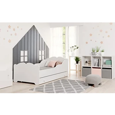 Image de KOBI Lit Enfant Anna Blanc avec Rangement é Tiroir 160x80 cm Petite Fille Lits pour Enfants Un Matelas et Cadre la Chambre Bebe Simple Barriere