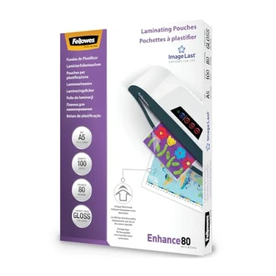 Image de Pochettes de plastification Fellowes au format A5, 80 microns, Pack 100 Feuilles à plastifier, Finition Brillante, Technologie ImageLast Aspect Haute Qualité, Idéal pour les photos et affiches