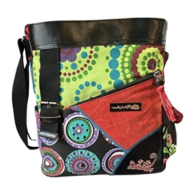 Image de Macha Sac Ethnique en coton aux imprimés colorés et empiècements cuir, à bandouliere boho hippie Pour Femme Indien coloré (Noir)