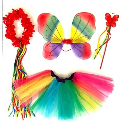 Image de Tante Tina 4 pièces Déguisement de fée Papillon Ailes, Baguette, Diadème et Jupe Rouge/Jaune/Bleue Multicolore avec