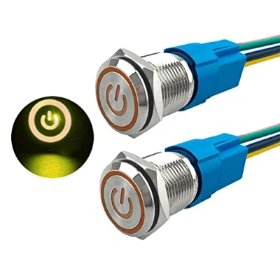 Image de Aiqeer 2 Pièces 16 mm Commutateur Bouton Poussoir Auto Bloquant, 12V / 24V 5A Interrupteur à en Acier Inoxydable Étanche IP67, avec Prise Pré Câblée (LED Jaune)