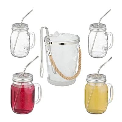 Image de relaxdays Jarres avec Paille et Couvercle, Set, 4 Verres à Cocktail de 500 ML, Seau glaçons Pince, Transparent