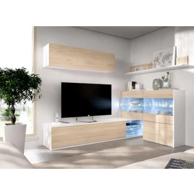 Image de Dmora Unité Murale Adams, Ensemble de Salon d&#039;angle modulaire, Meuble Multi Positions avec lumière LED, 260x41h180 cm, Chêne et Blanc