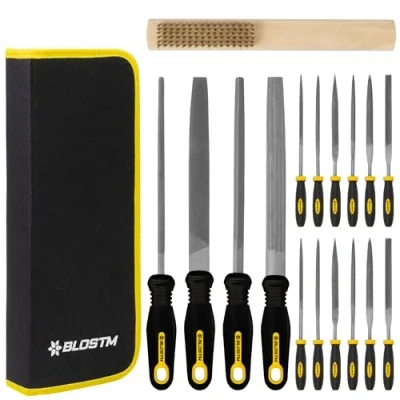 Image de BLOSTM 17pcs Limes de Precision Assorties 4 Grandes Lime Metal et 12 à Aiguilles avec Étui Outils Compact Brosse a Bois Travail du Verre, Plastique, Métal