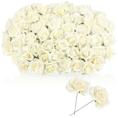 Image de com four® 10x Branches de Bouquet Fleurs décoratives avec Blanches Roses en Papier pour décorer des couronnes et Cadeaux Mariages (10 Bottes Blanc)