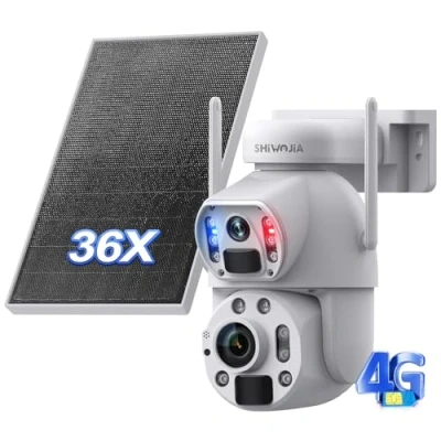 Image de SHIWOJIA Camera Exterieur sans Fil Solaire, 6MP 36X Zoom 4g Double PIR Détection Humaine/Vision Nocturne Couleur/Double Objectif/IP66, Blanc