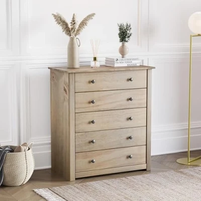 Image de Vida Designs Commode à 5 tiroirs Panama en pin Massif ciré Finition chêne