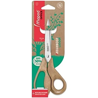 Image de Maped Ciseaux Advanced 50% PP Wood Bout Pointu Lames et Rivet en Acier Inoxydable Poignées Ergonomiques 3D à Poudre de Bois Garantis 10 ans 18 cm