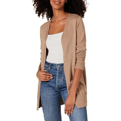 Image de Amazon Essentials Gilet Ouvert sur Le Devant Léger (Grandes Tailles Disponibles) Femme, Fauve Chiné, XL Grande taille