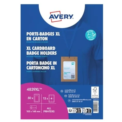 Image de AVERY 50 pochettes pour badges en carton grand format + 52 inserts microperforés imprimables 148 x 105 mm