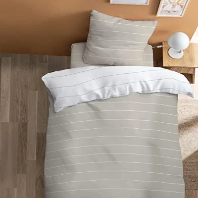 Image de MATT &amp; ROSE Parure de Lit 140x200 cm Stripes Imprimée Réversible 100% Coton Oeko TEX Housse Couette + 1 Taie d&#039;oreiller 65x65 Grège