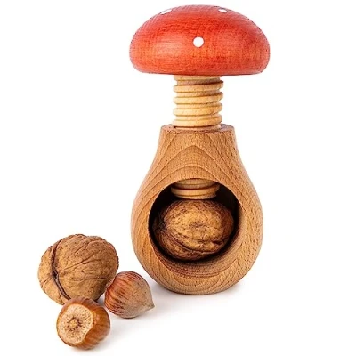 Image de Creative Home Casse Noix Noisette en Bois Broyeur Manuel pour la Cuisine 10 x 6 cm Forme de Champignon Rouge avec Point Blanc Hêtre Naturel Mécanisme à Vis Design