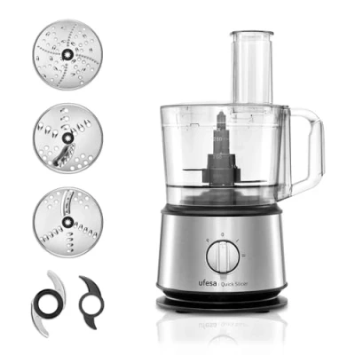 Image de Ufesa Quick Slicer Processeur Alimentaire Multifonction 10 en 1, 1200W, Capacité de 1,5L, Corps Inox, x3 Disques Double Face, x1 Lame Coupe, Mélangeuse.