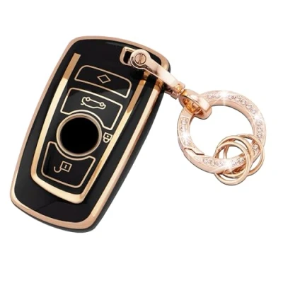 Image de Koaudb Coque intégrale pour clé de Voiture BMW Souple en TPU Noir doré avec Porte clés 1 3 4 5 6 7 Series X3 X4 M5 M6 GT3 GT5 Boutons Smart Key Case (R BM 4A B)