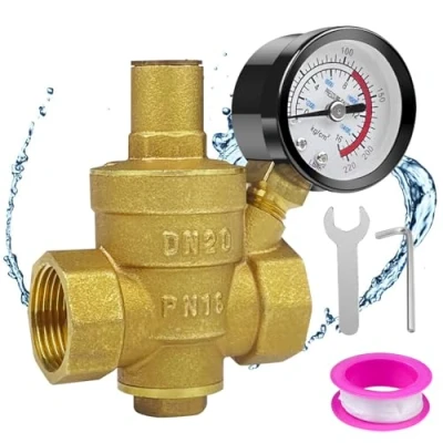 Image de Lectorias DN20 Réducteur de Pression D&#039;Eau, Reducteur Eau, D&#039;Eau Réglable, Régulateur Réduction Réglable en Laiton avec Manomètre Compteur