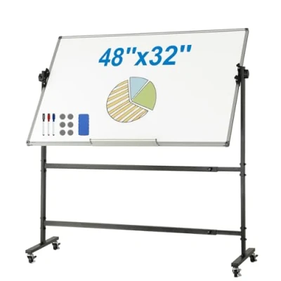 Image de VEVOR Tableau Blanc Magnétique 118,3x76,4 cm Mobile Effaçable à Sec avec Support Réversible 360 Double Face Hauteur Réglable Marqueurs Effaceur pour Bureau Maison École