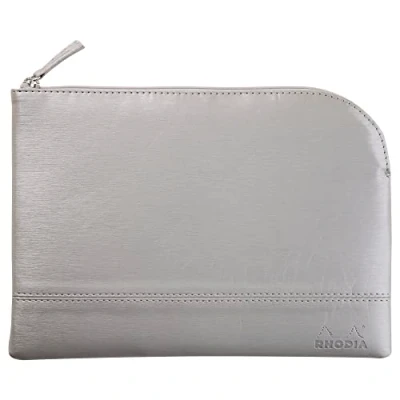Image de RHODIA 116621C Pochette Zippée en Simili Cuir Argent Taille M (16 x 22 cm) Coutures Véritables Intérieur Tissu Orange Rangement Documents, Petites Fournitures