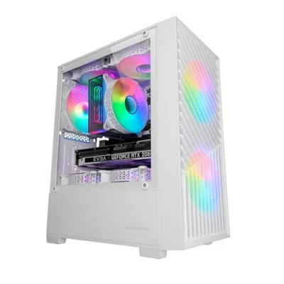 Image de Mars Gaming MC Vortex, Boîtier MicroATX, Mesh Géométrique Façade, Panneau Latéral Verre Trempé, 3 Ventilateurs FRGB Rainbow 120mm, Mini Tour PC Compacte avec Design à Double Chambre, Blanc