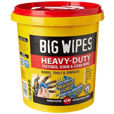 Image de Big Wipes Heavy Duty Pro+ Lingettes en Seau (x240) texturées Double Face avec Soins de la Peau Nettoie Les Mains, Outils et Surfaces Robustes Produits Nettoyage