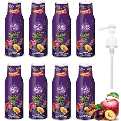 Image de 8 x FruttaMax Concentré de sirop fruits Moins sucre avec 60% convient pour machine à soda (8 500 ml) Prune Cannelle Pomme)