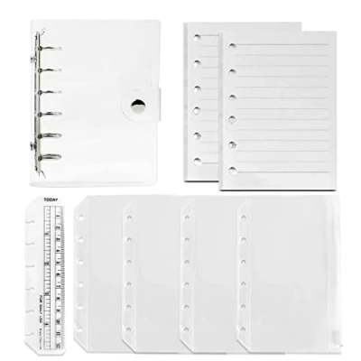 Image de DY.2ten Ensemble de bloc notes A7 rechargeable avec Couverture classeur en PVC à 6 trous + 90 feuilles (180 pages) papier ligné 4 pochettes fermeture éclair règle