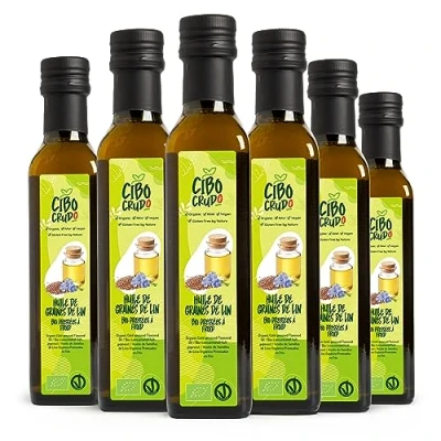 Image de Huile de Lin Alimentaire Bio 250 ml x 6. Pressé à Froid Brut et Pur. Riche en Antioxydants Calcium Oméga 3. Graine Lin.