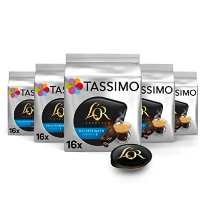 Image de TASSIMO, 80 dosettes Café Décaféiné Espresso L&#039;OR, Compatibles avec les machines Cafés sans caféine, 5 packs de 16
