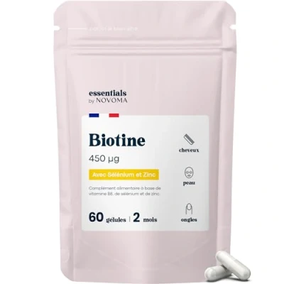 Image de Biotine avec Sélénium et Zinc, Accélère la Pousse des Cheveux, Cure de 2 mois, 60 Gélules Végétales, Complément Alimentaire Vitamine B8, Fabriqué en France, Essentials by Novoma