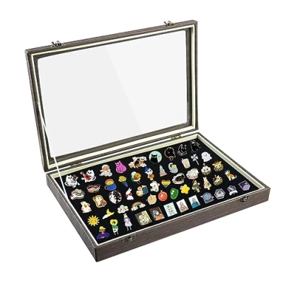 Image de Qivine Vitrine à Épingles en Bois Marron, 35x24x5cm Boîte de Présentation pour Pin&#039;s, Présentoir Collection d&#039;Épingles avec Fenêtre Verre, Épingles, Médailles, Badges