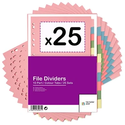 Image de Lot de 25 intercalaires A4 en 10 parties avec perforés dans des couleurs assorties Compatible tous les portrait (25)