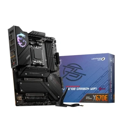Image de MSI MPG X670E CARBON WIFI Carte Mère, ATX pour Processeurs AMD Ryzen Série 9000, AM5 Alimentation 18 phases Double Rail 90A, DDR5 Memory Boost 6600+MHz/OC, 2 x PCIe 5.0 x16, M.2 Gen5, Wi FI 6E