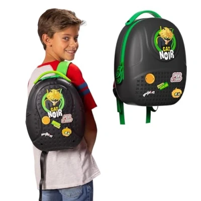 Image de Miraculous Ladybug Pop n&#039; Swop sac à dos avec poignée, 6 badges clipser et fermeture éclair, imperméable léger durable sangles réglables (Noir Chat Noir)