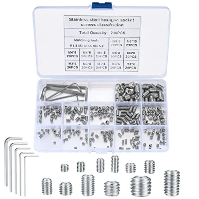 Image de 240 Pièces Assortiment de Vis Sans Tête, à Tête Hex Creux avec Clé, Hexagonale en Acier Inoxydable, Écrous Noyaux Tasse pour Poignées Porte, Robinet M3/M4/M5/M6/M8