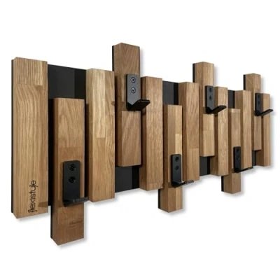Image de FLEXISTYLE Patère murale, en bois de chêne, design à lamelles, noir, moderne, naturel, 2 dimensions, 60 cm