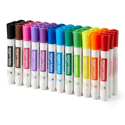 Image de Amazon Basics marqueurs effaçables à sec pour tableau blanc faible odeur, pointe biseautée 12 couleurs assorties, Lot de 36