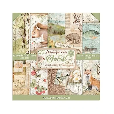 Image de Stamperia SBBS06 Mini Bloc Papier Scrap Double Face 10 Feuilles 20.3X20.3 (8&quot;X8&quot;) Forest, Multi Colored, 20,3x20,3 cm, Set Pièces