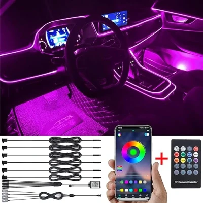 Image de TABEN Kit d&#039;éclairage ambiant de Voiture 8 m Fibre Optique 64 Couleurs RF Télécommande + APP Contrôle USB Lumière d&#039;ambiance Pied Voiture, Bricolage 16 Millions RVB Multicolore Son Musique Sync
